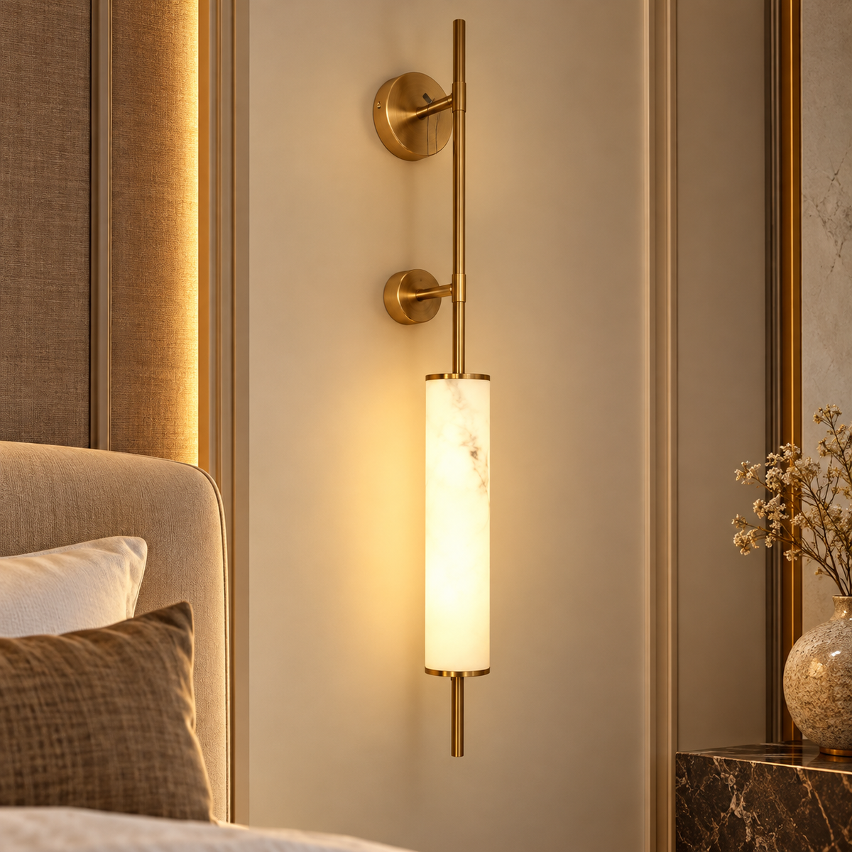 Modern Minimalist Alabaster & Brushed Brass Wall Light | Luxury Cylindrical Sconce for Living Room & Bedroom