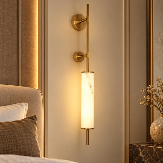 Modern Minimalist Alabaster & Brushed Brass Wall Light | Luxury Cylindrical Sconce for Living Room & Bedroom