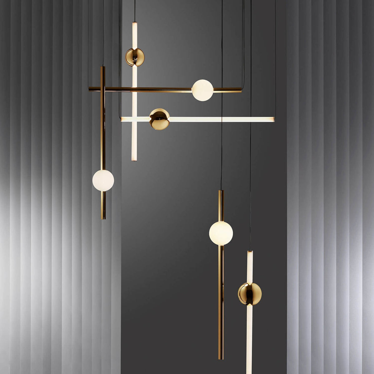 Modern Minimalist 6-Stick LED Chandelier – Gold Geometric Linear Pendant Light with Globe Accents for Dining Rooms & Living Spaces