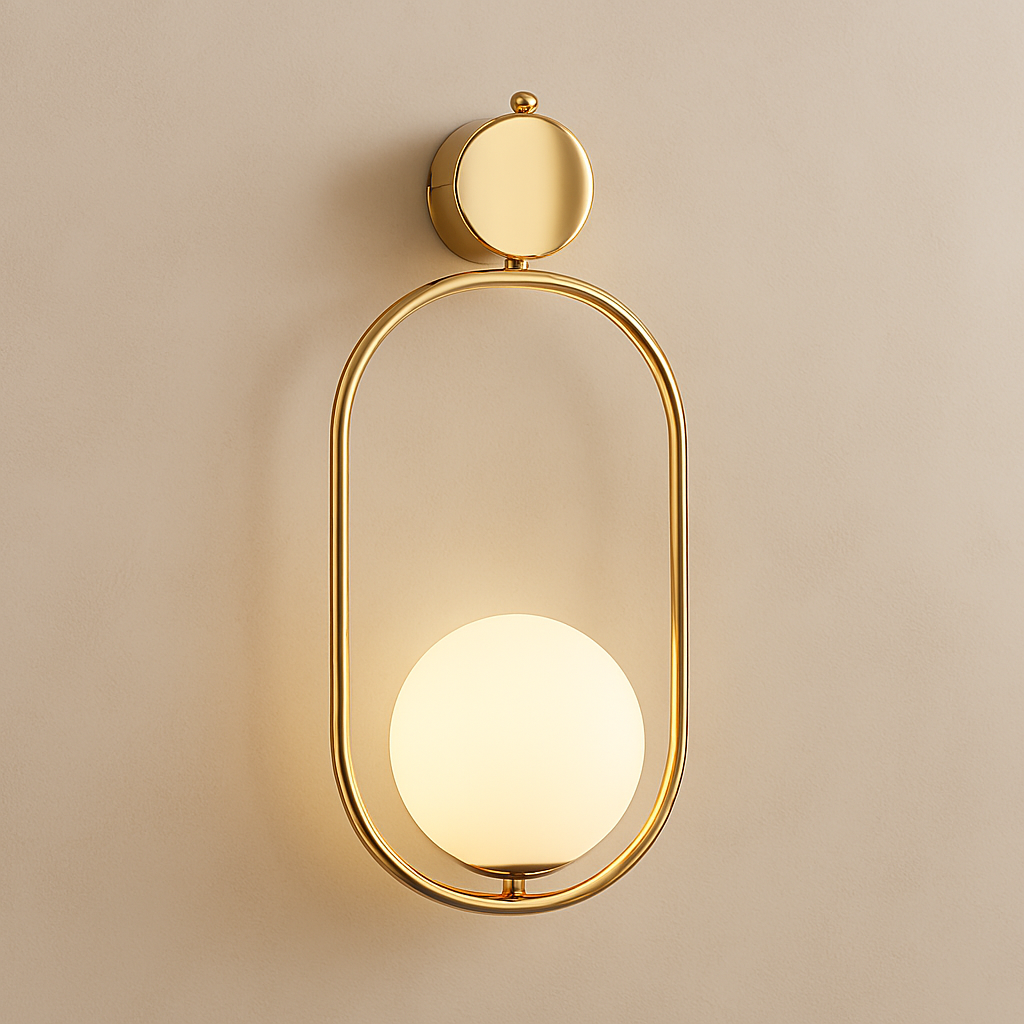 Gold wall sconce with a round light bulb on a beige background