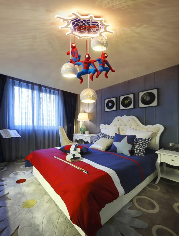 Children's bedroom with Spider-Man themed ceiling light fixture