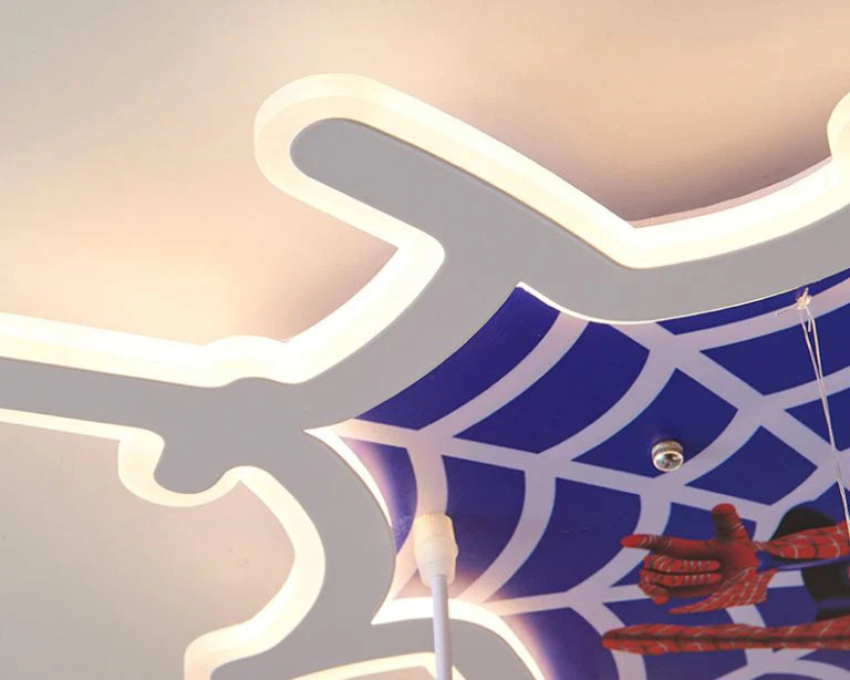 Ceiling with spider web design and Spider-Man figure, featuring a light fixture.