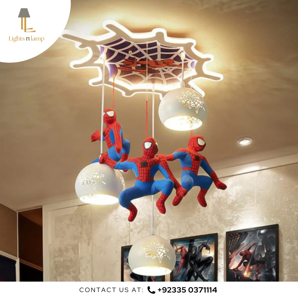 Ceiling light fixture with Spider-Man figures in a room decorated with superhero posters.