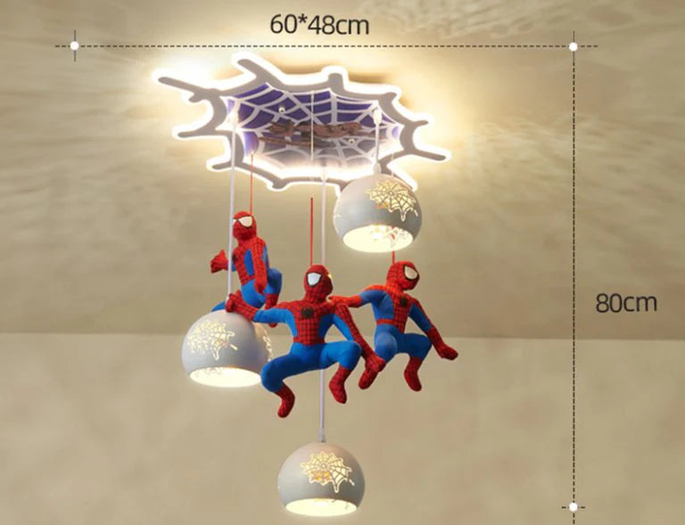Spider-Man themed children's ceiling light fixture with measurements on a neutral background