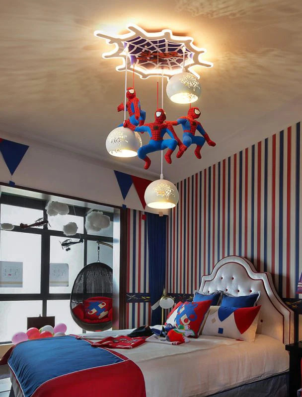Children's bedroom with Spider-Man themed ceiling light fixture