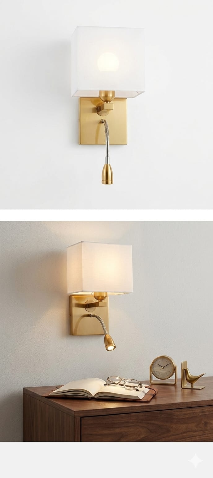 Gold wall sconce with white lampshade on a light gray background