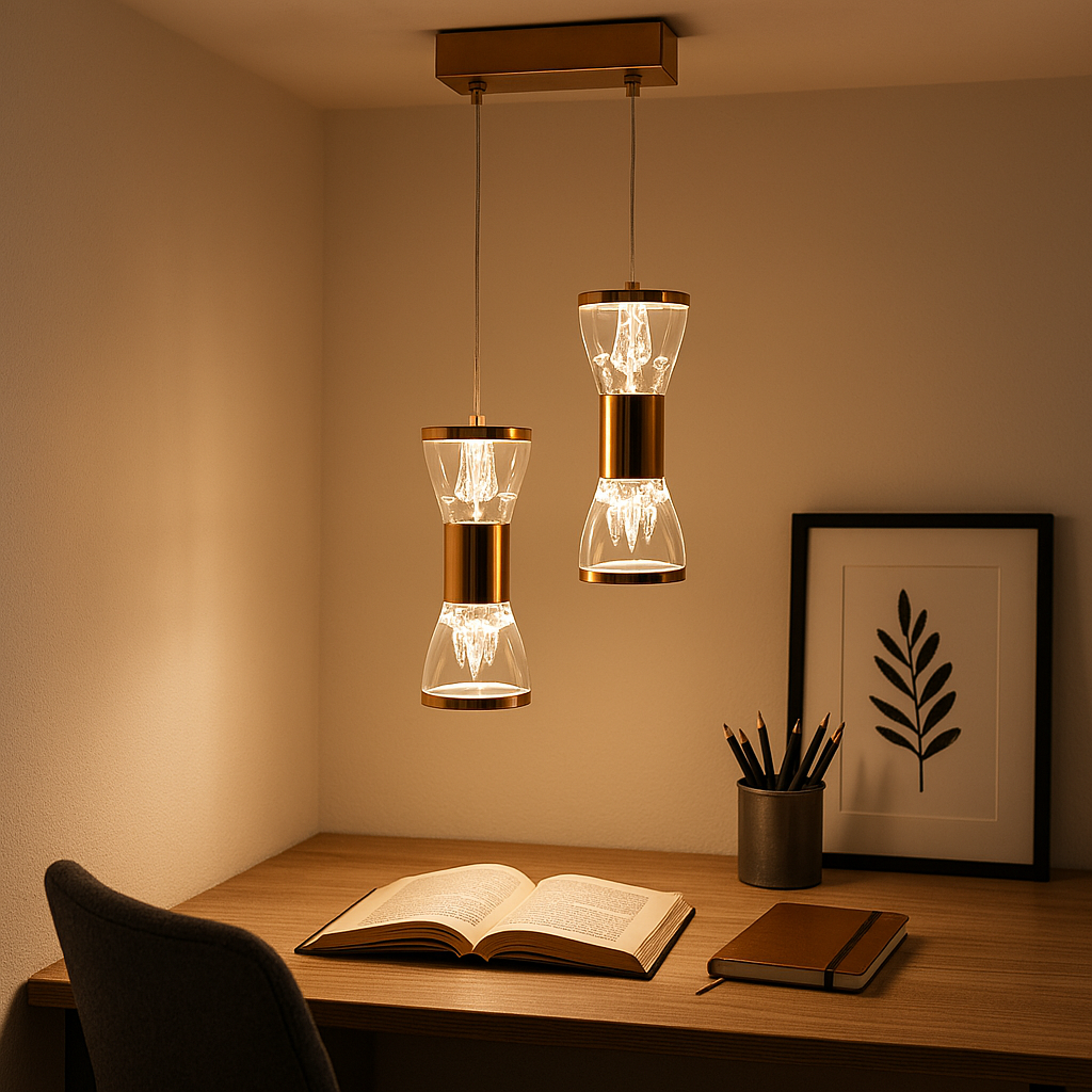 Modern pendant lights hanging over a desk with an open book and notebook.