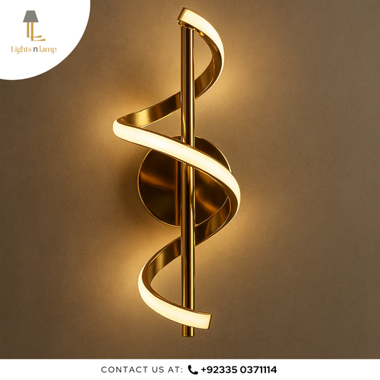 Gold spiral wall light fixture on a brown background with 'Lights n Lamp' branding.