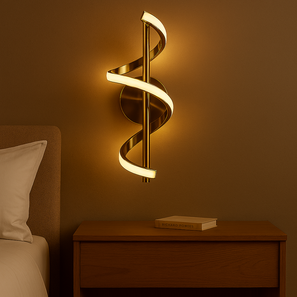 Spiral wall light fixture in a bedroom setting with warm lighting.