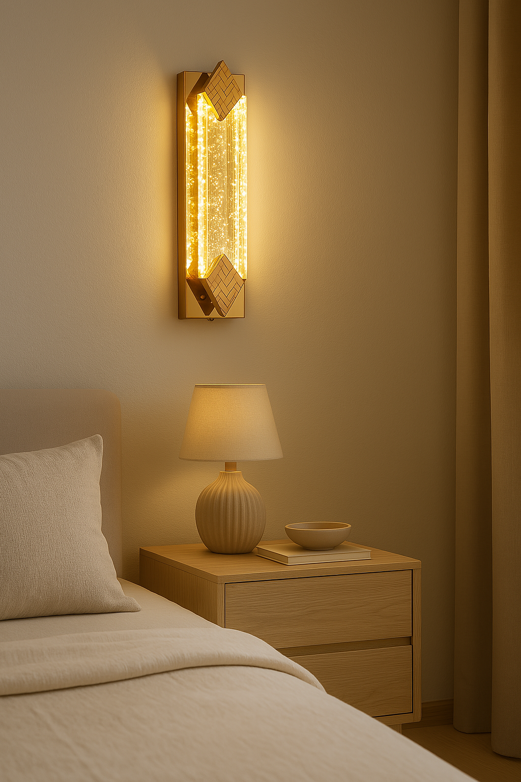Nursery room with a wall-mounted lamp and nightstand with a lamp and books.