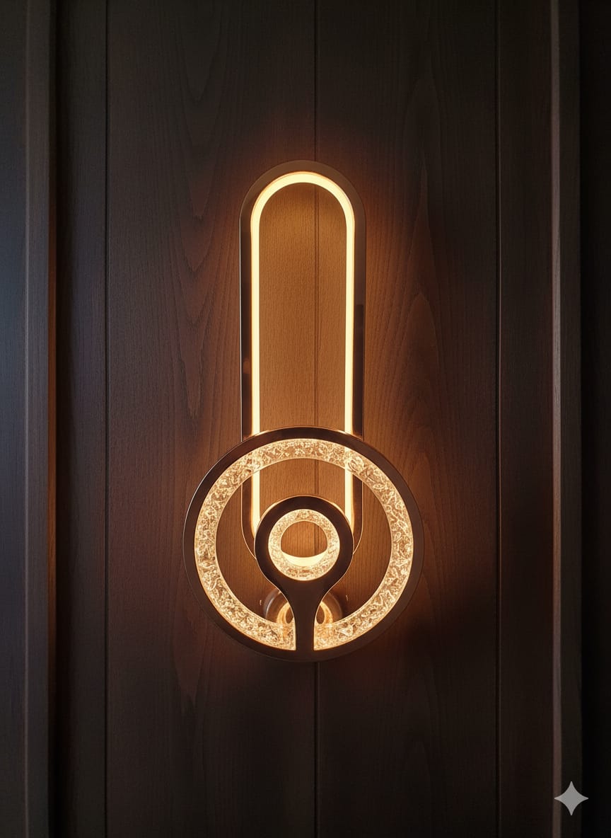 Decorative wall light fixture on a wooden panel