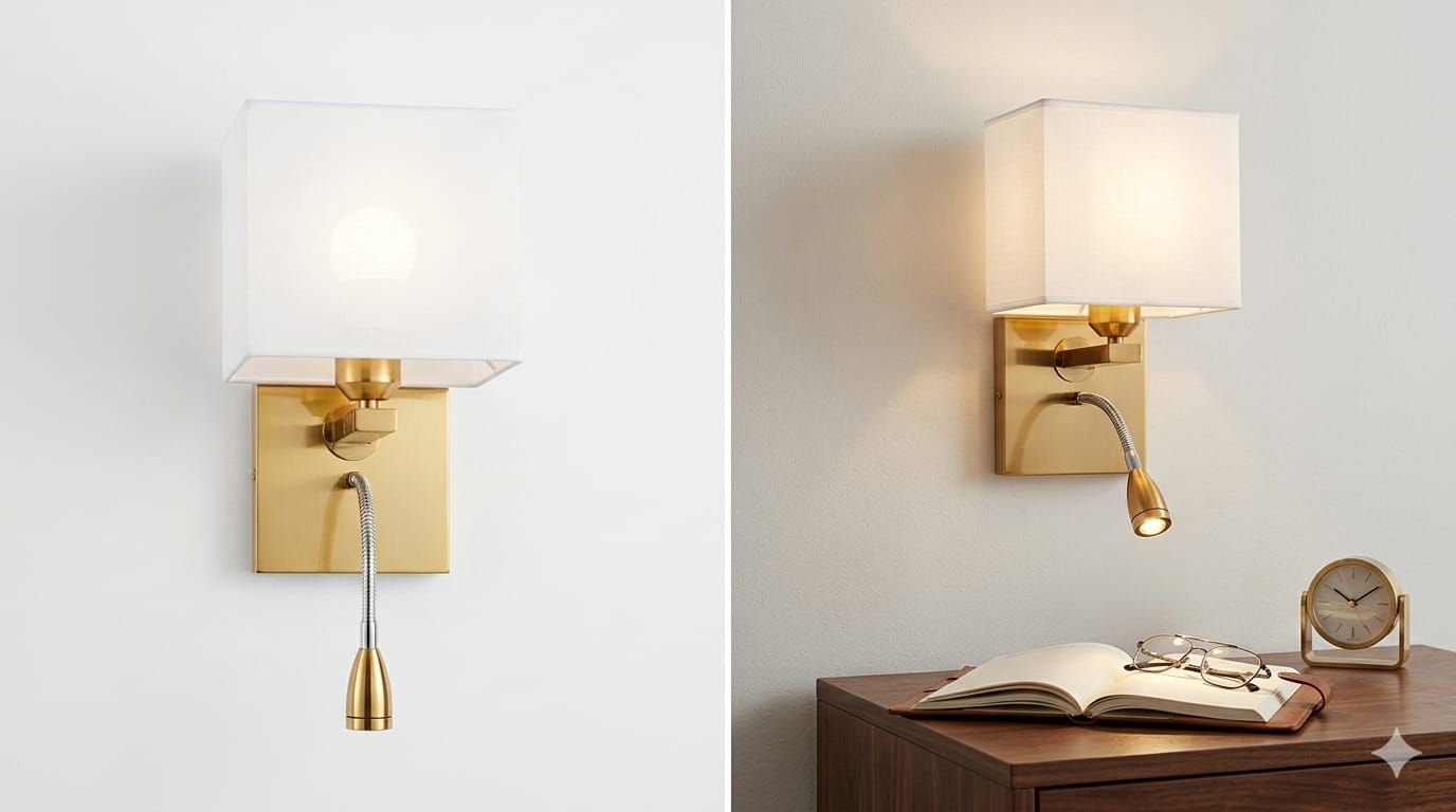 Gold wall sconce with white shade on a light gray wall, next to a wooden desk with an open book and clock.